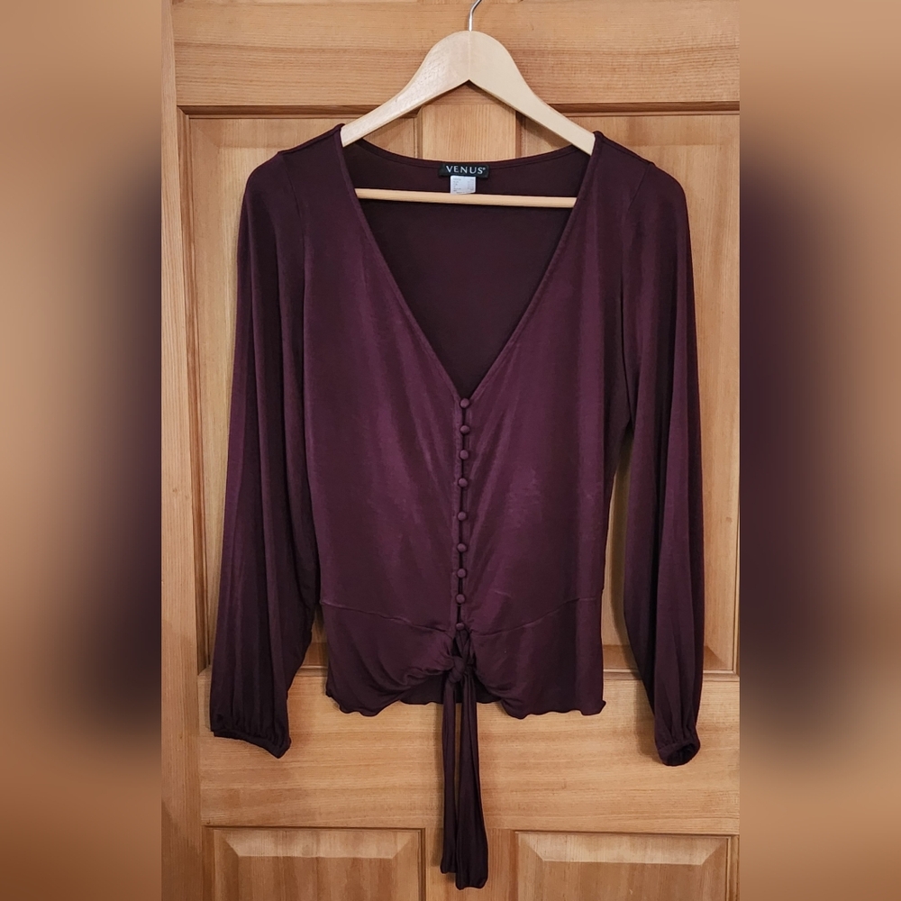 VENUS Burgundy Blouse Tie Front 3/4 Sleeve